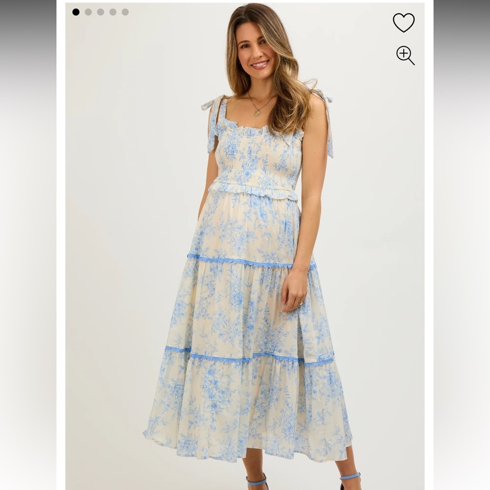 Maternity Blue and White Toille Floral Midi Dress